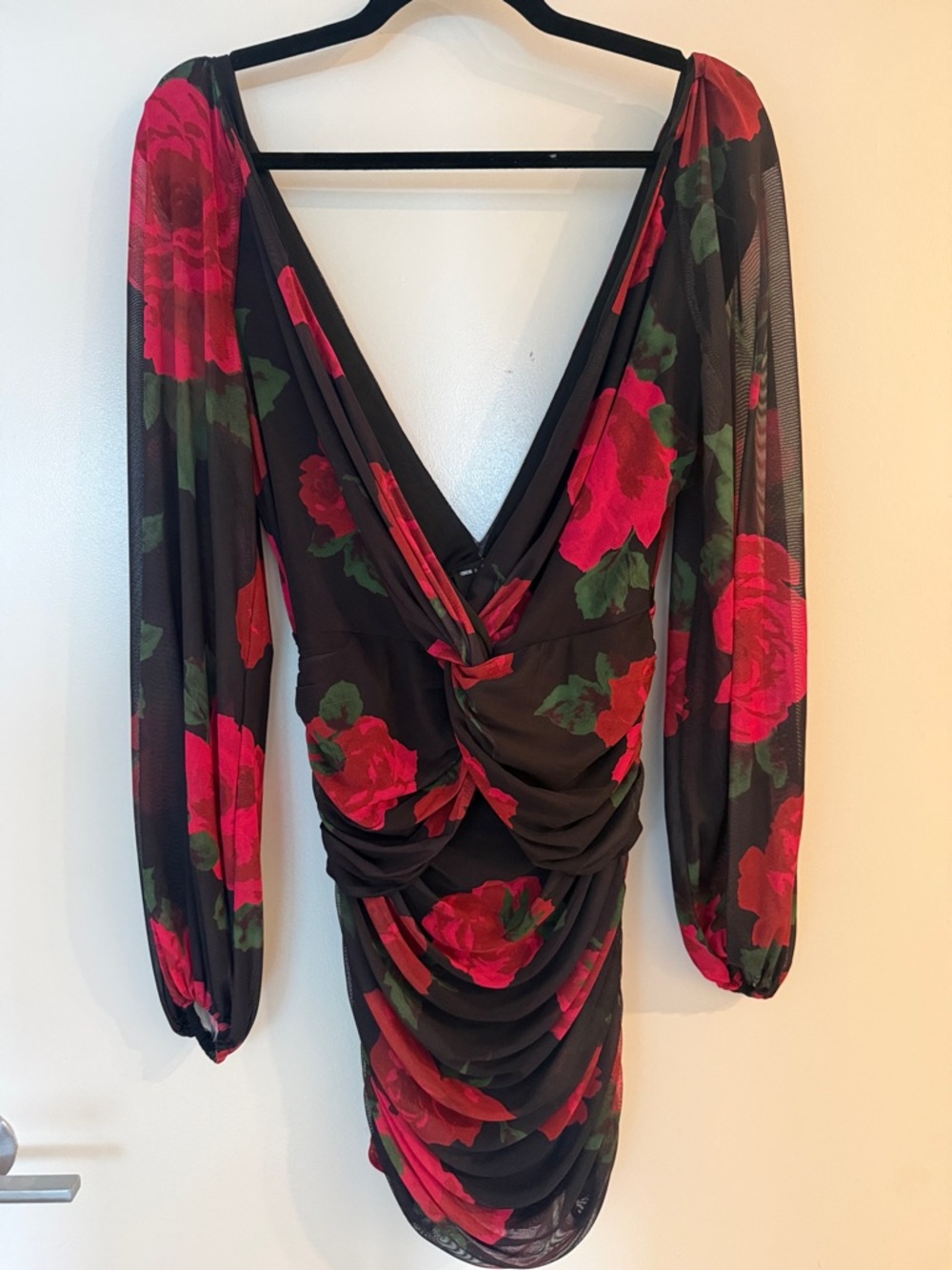 ASOS Black Long Sleeve Ruched Floral V-Neck Dress